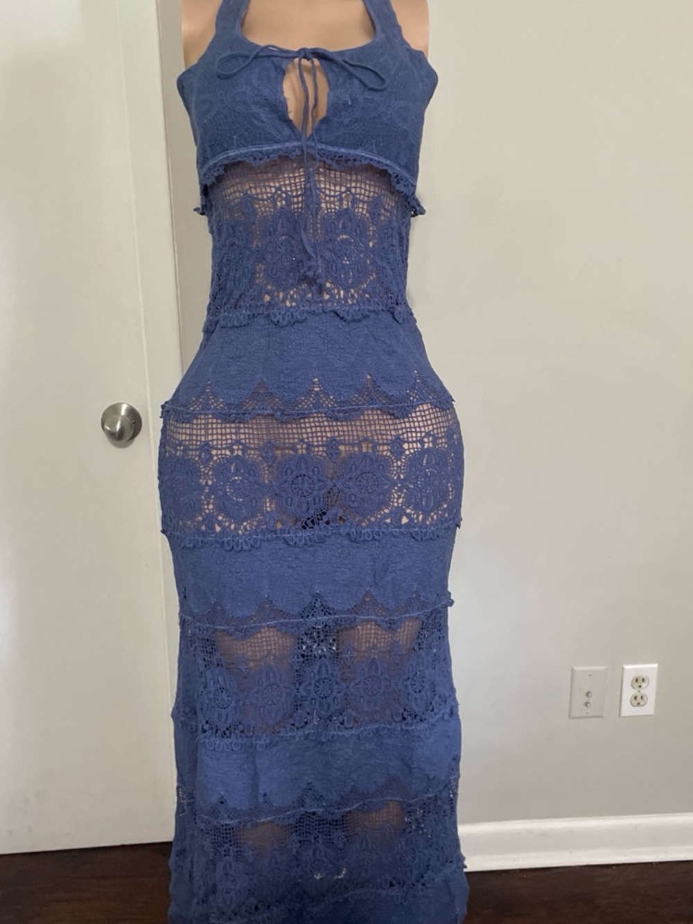 Blue Crochet Lace Maxi Dress with Sheer Panels